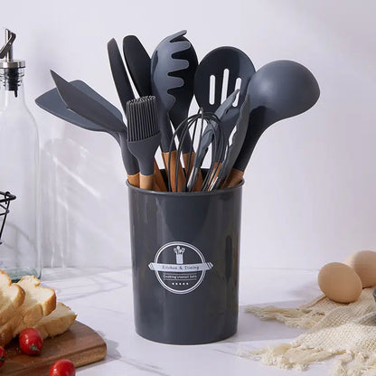 Silicone Wooden Cooking Utensil Set