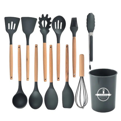 Silicone Wooden Cooking Utensil Set