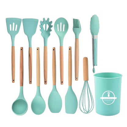 Silicone Wooden Cooking Utensil Set