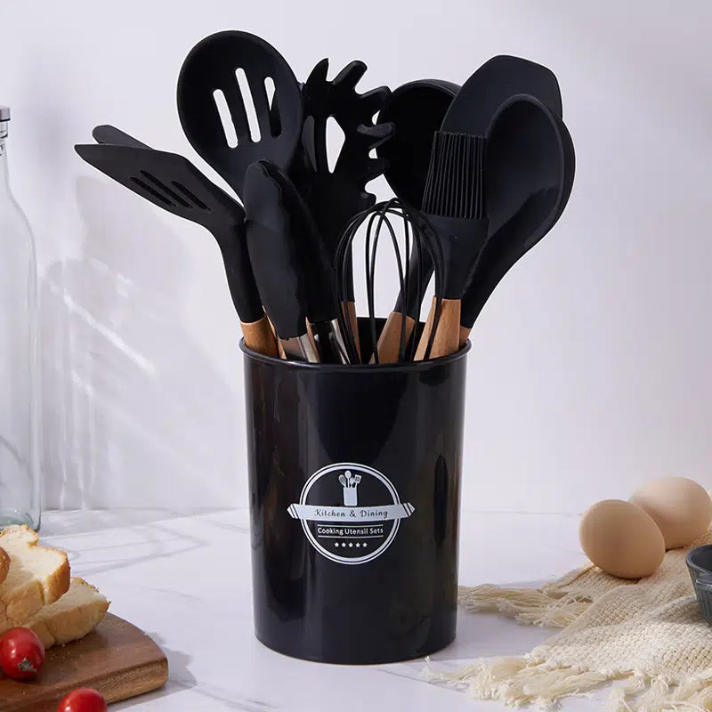 Silicone Wooden Cooking Utensil Set