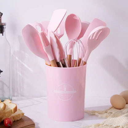 Silicone Wooden Cooking Utensil Set