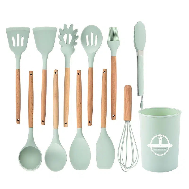 Silicone Wooden Cooking Utensil Set