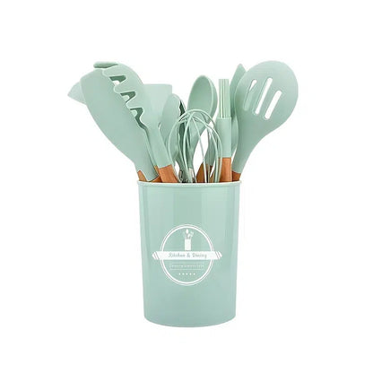 Silicone Wooden Cooking Utensil Set