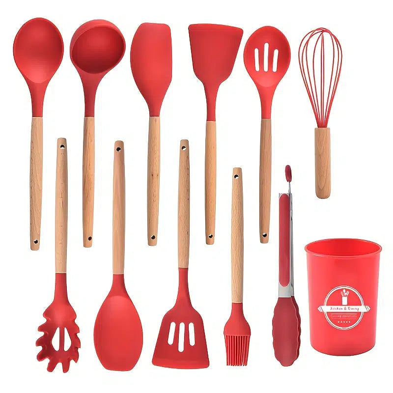 Silicone Wooden Cooking Utensil Set