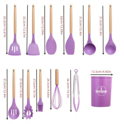 Silicone Wooden Cooking Utensil Set