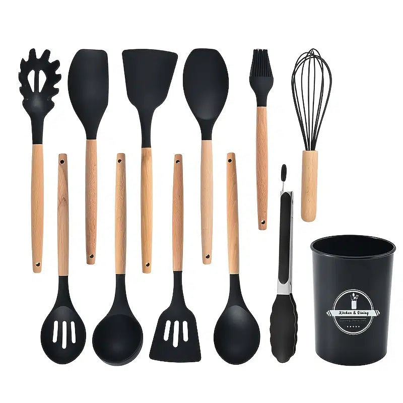 Silicone Wooden Cooking Utensil Set