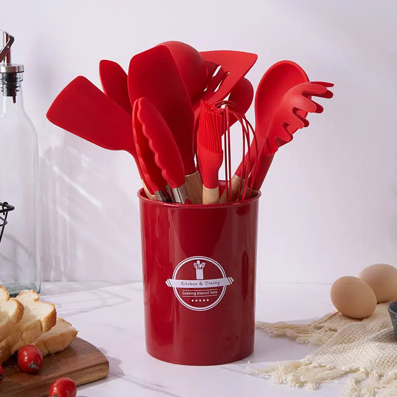 Silicone Wooden Cooking Utensil Set