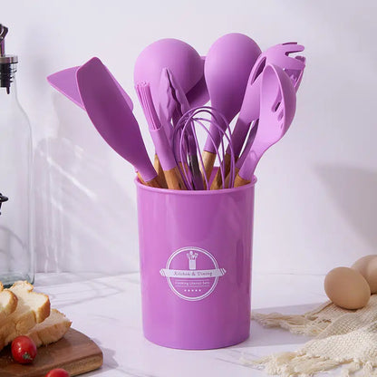 Silicone Wooden Cooking Utensil Set